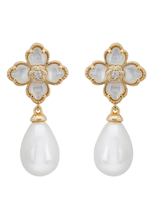 Flower Clover Pearl Drop Earrings Mother of Pearl Gold