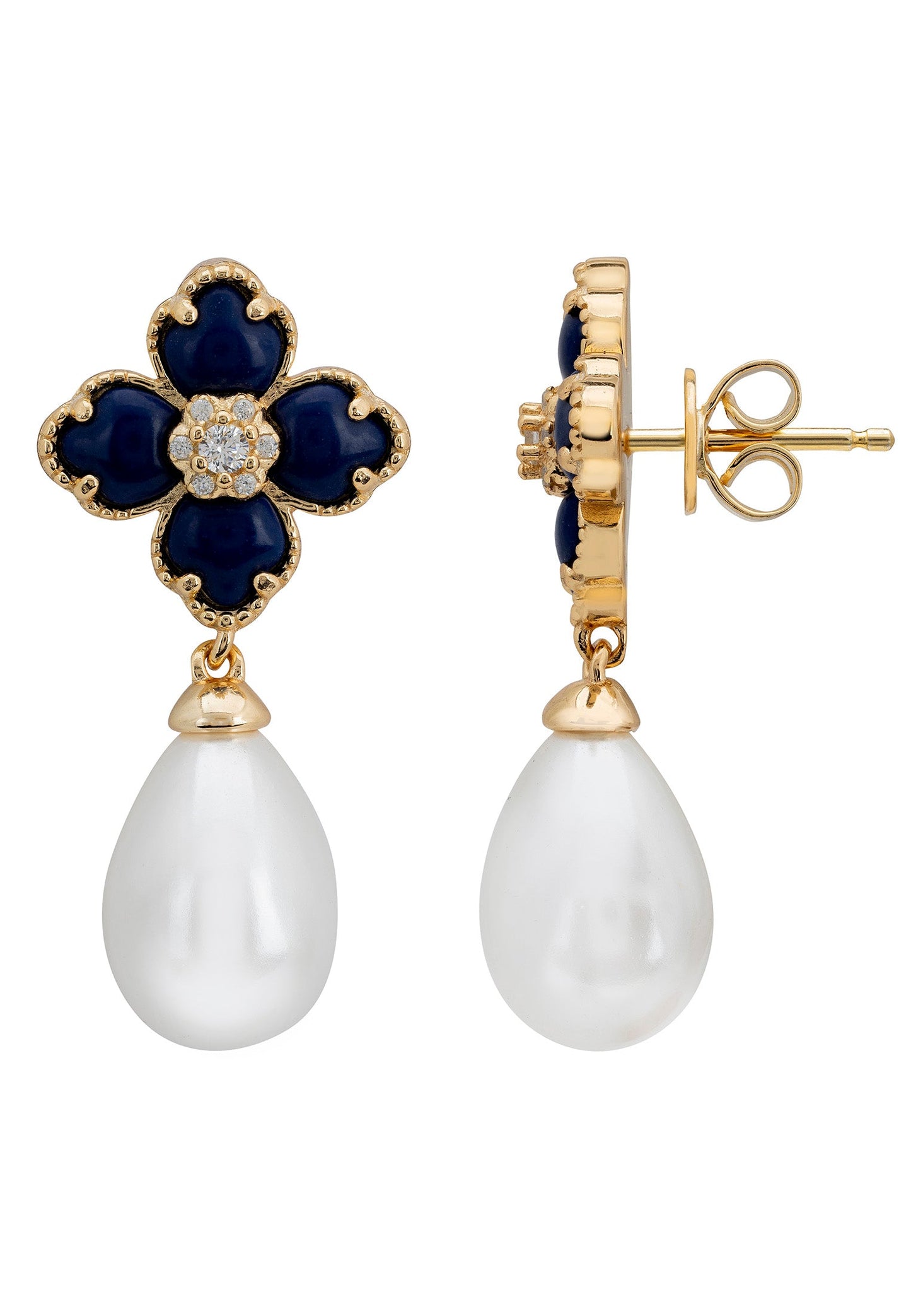 Flower Clover Pearl Drop Earrings Lapis Lazuli Gold