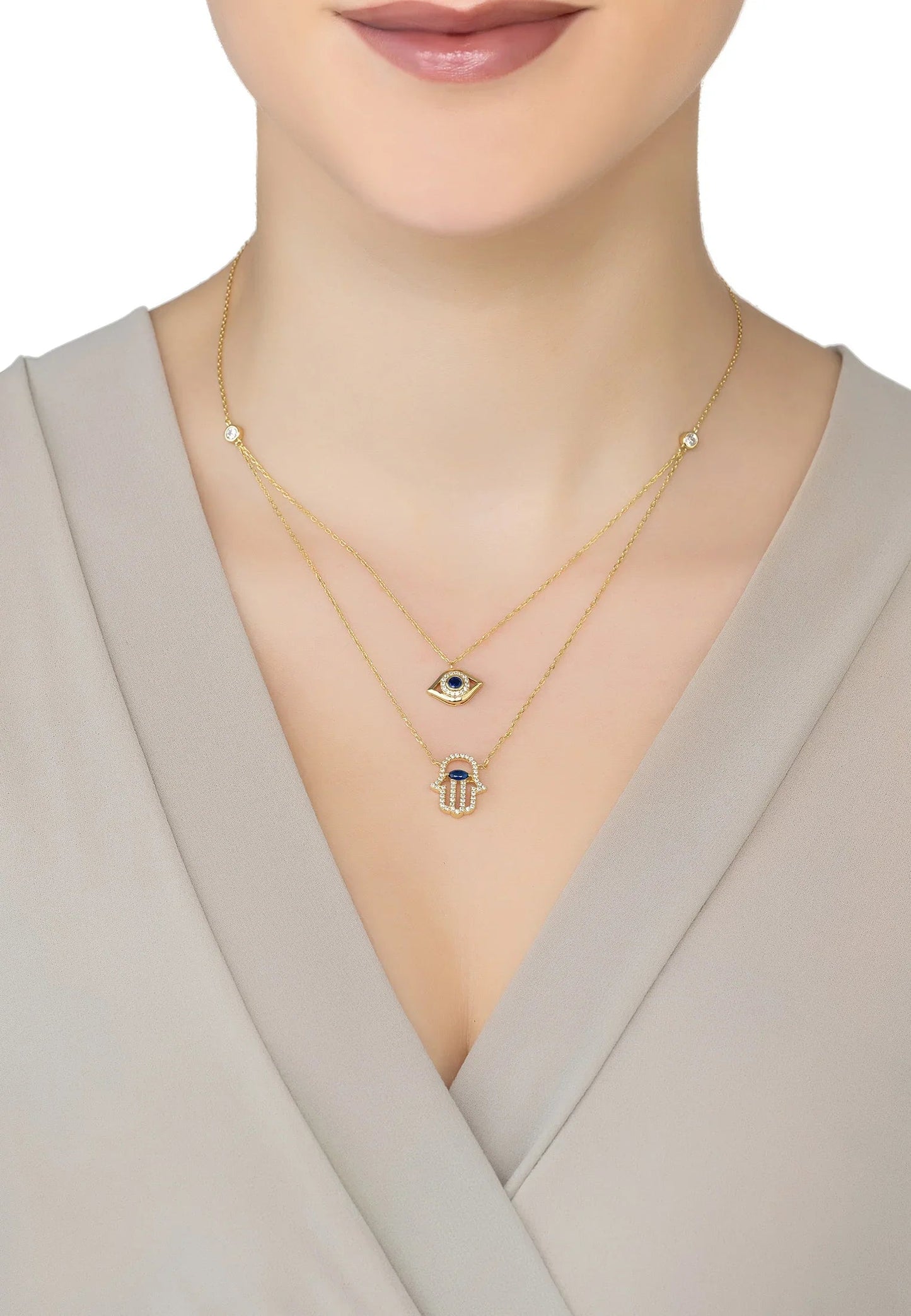 Hamsa Hand and Evil Eye Layered Necklace Gold