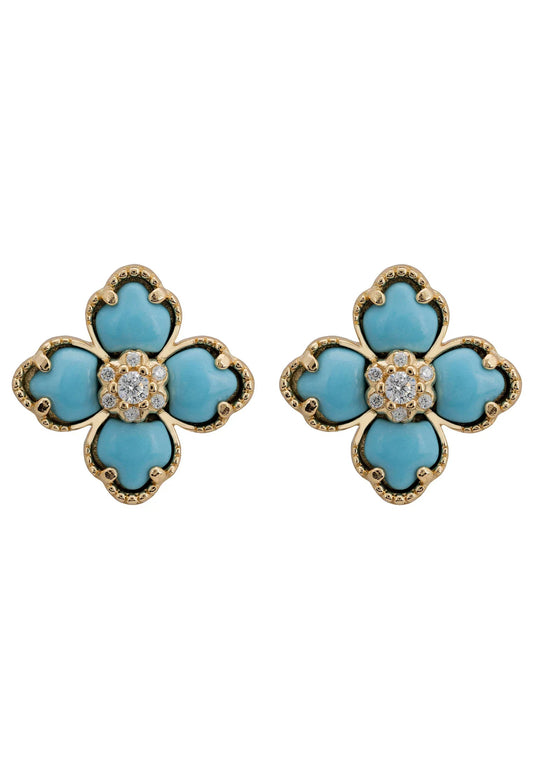 Flower Clover Turquoise Stud Earrings Gold