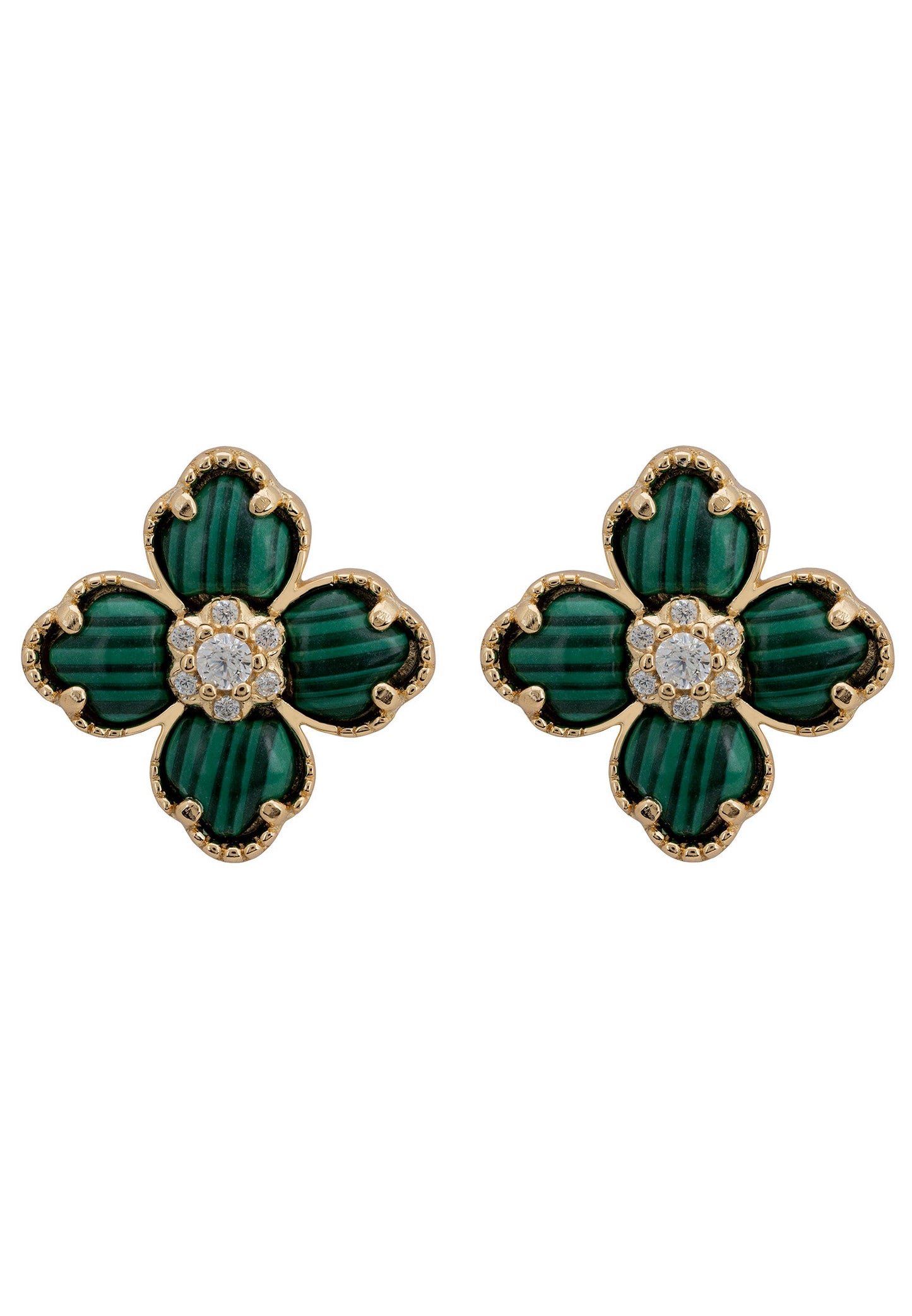 Flower Clover Malachite Stud Earrings Gold