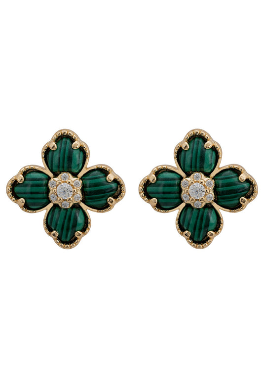 Flower Clover Malachite Stud Earrings Gold