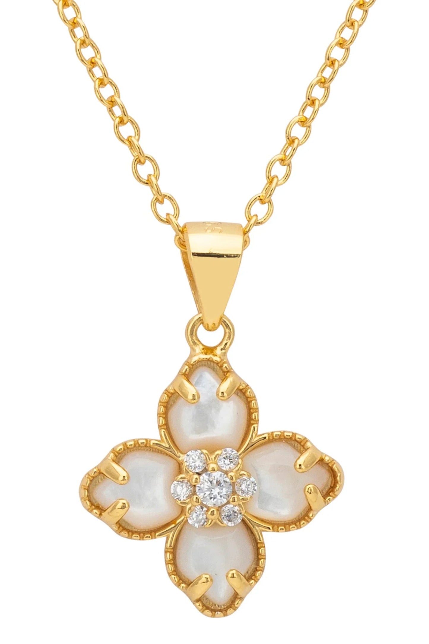 Flower Clover Mother of Pearl Pendant Necklace Gold