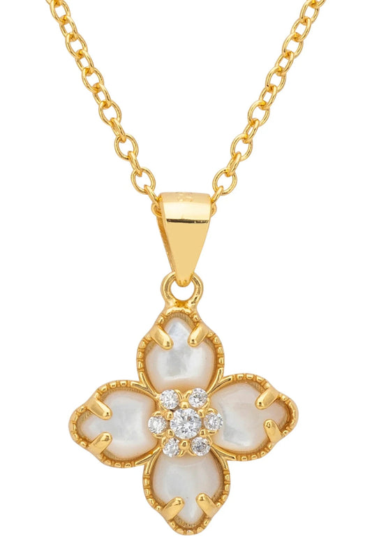 Flower Clover Mother of Pearl Pendant Necklace Gold