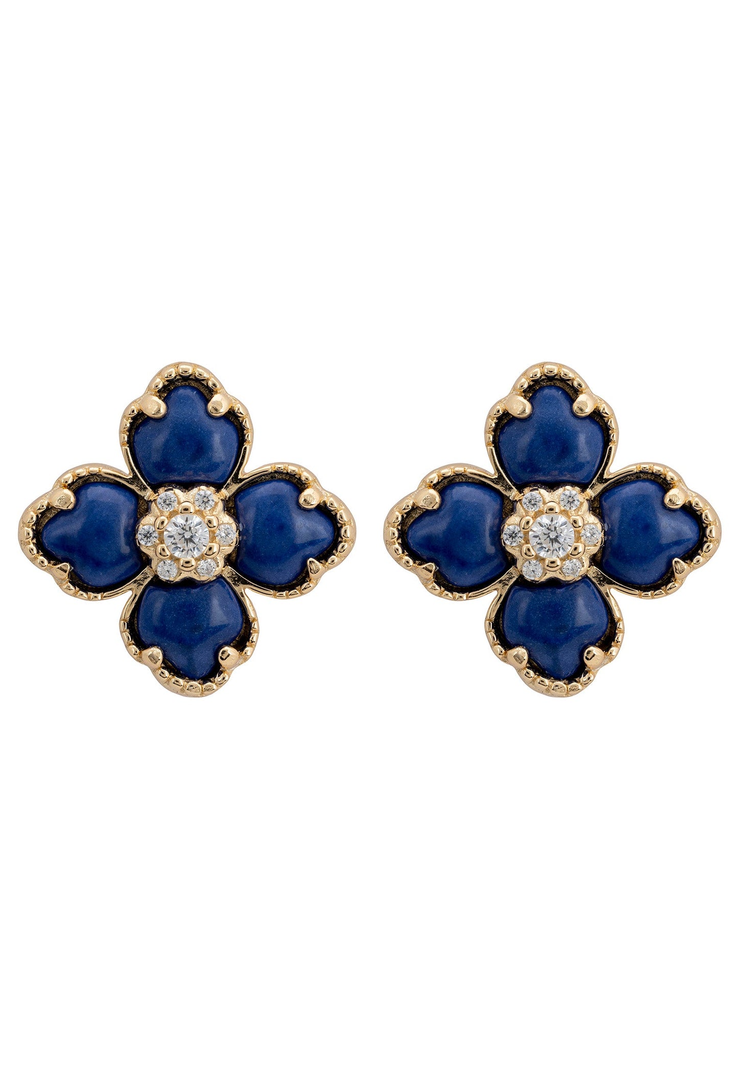 Flower Clover Lapis Lazuli Stud Earrings Gold