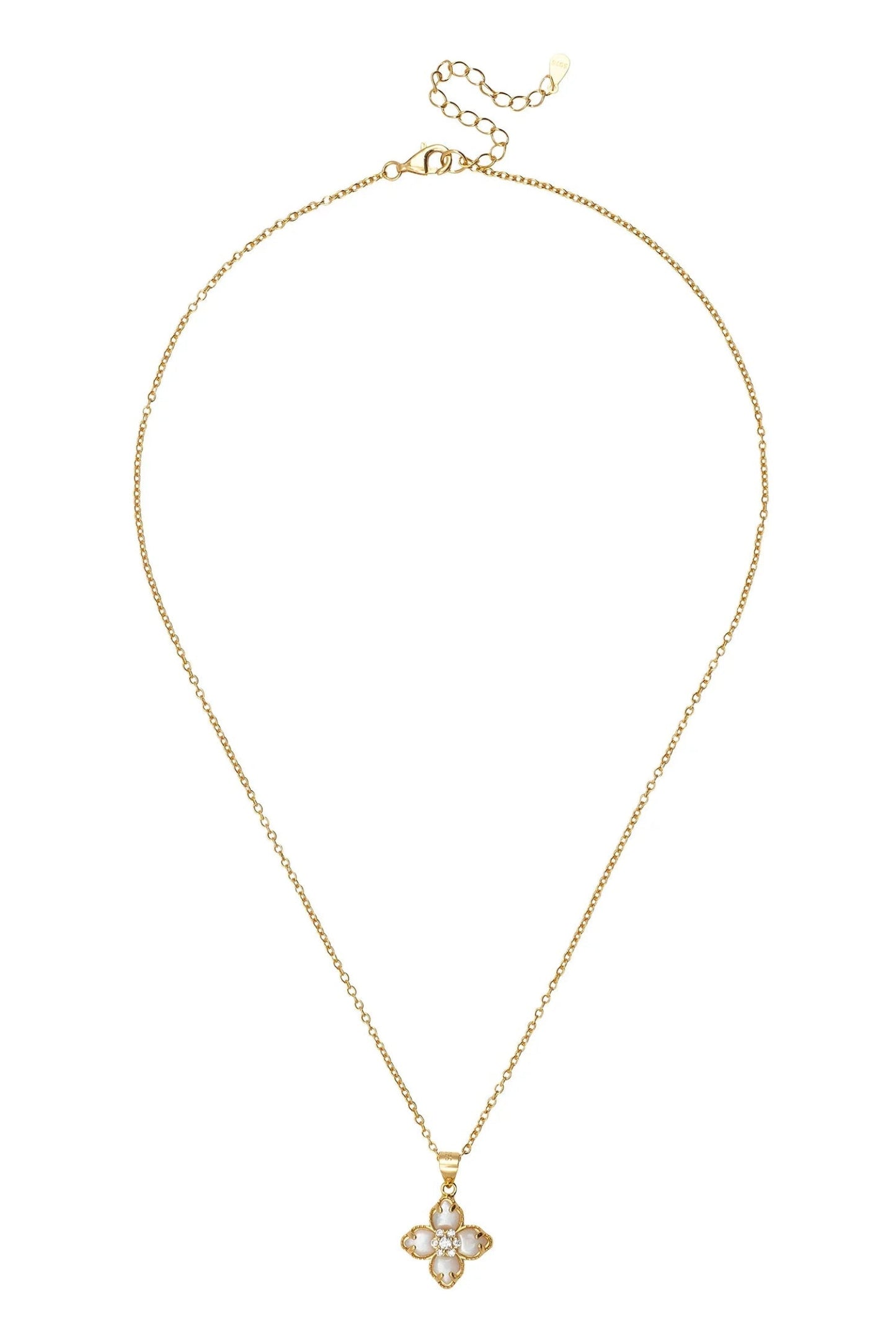Flower Clover Mother of Pearl Pendant Necklace Gold