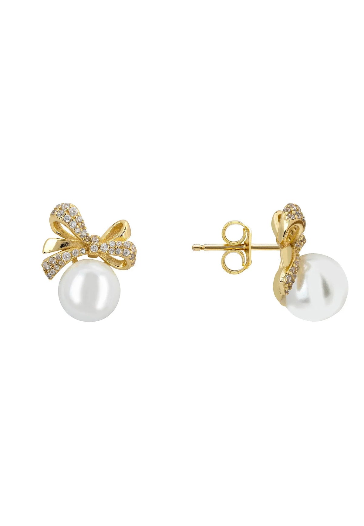 Ribbon Bow Pearl Stud Earrings Gold