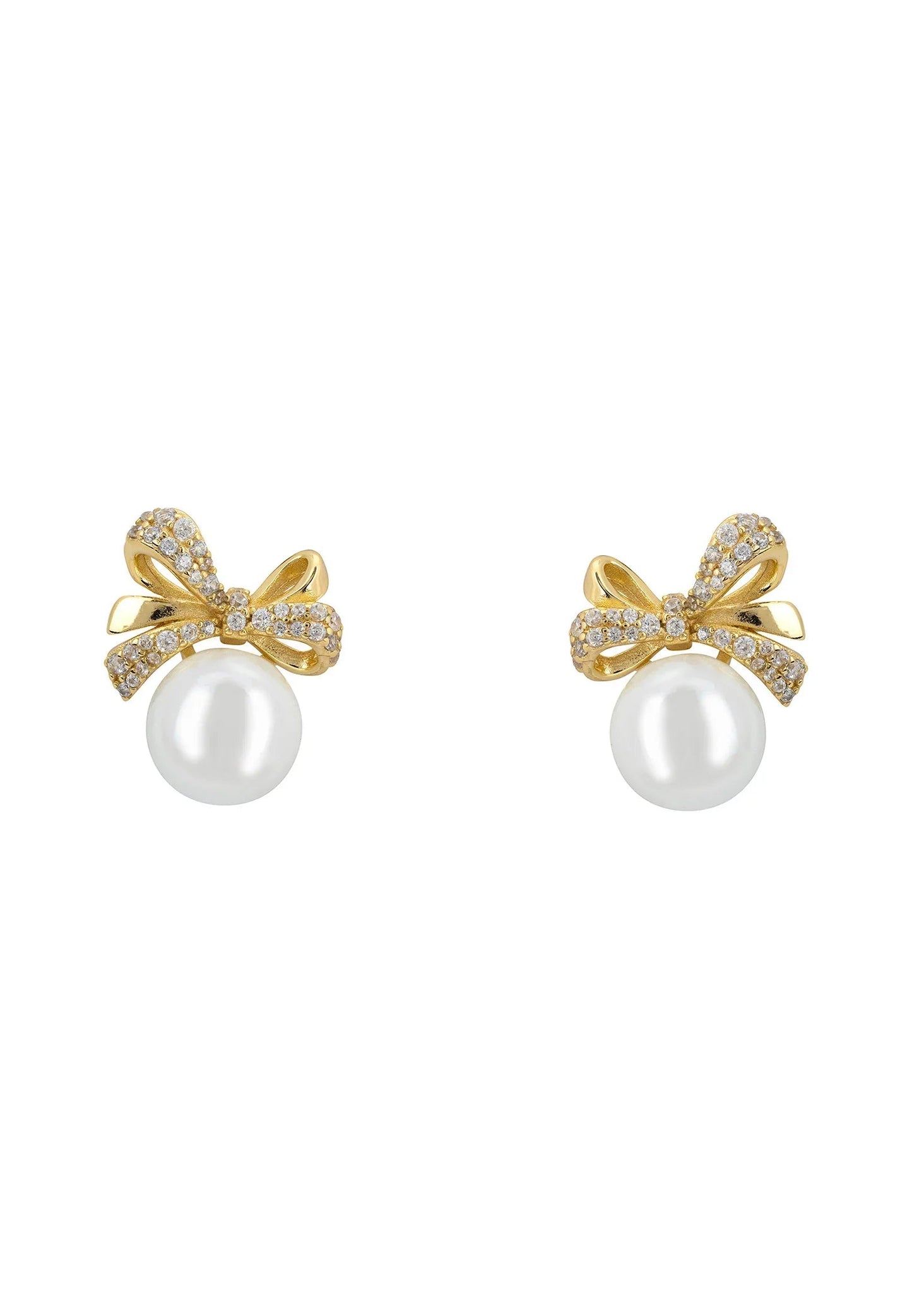 Ribbon Bow Pearl Stud Earrings Gold