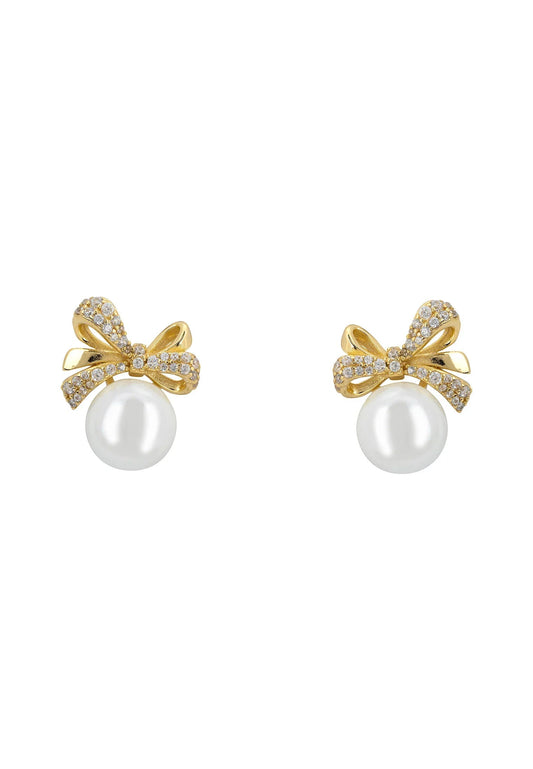 Ribbon Bow Pearl Stud Earrings Gold