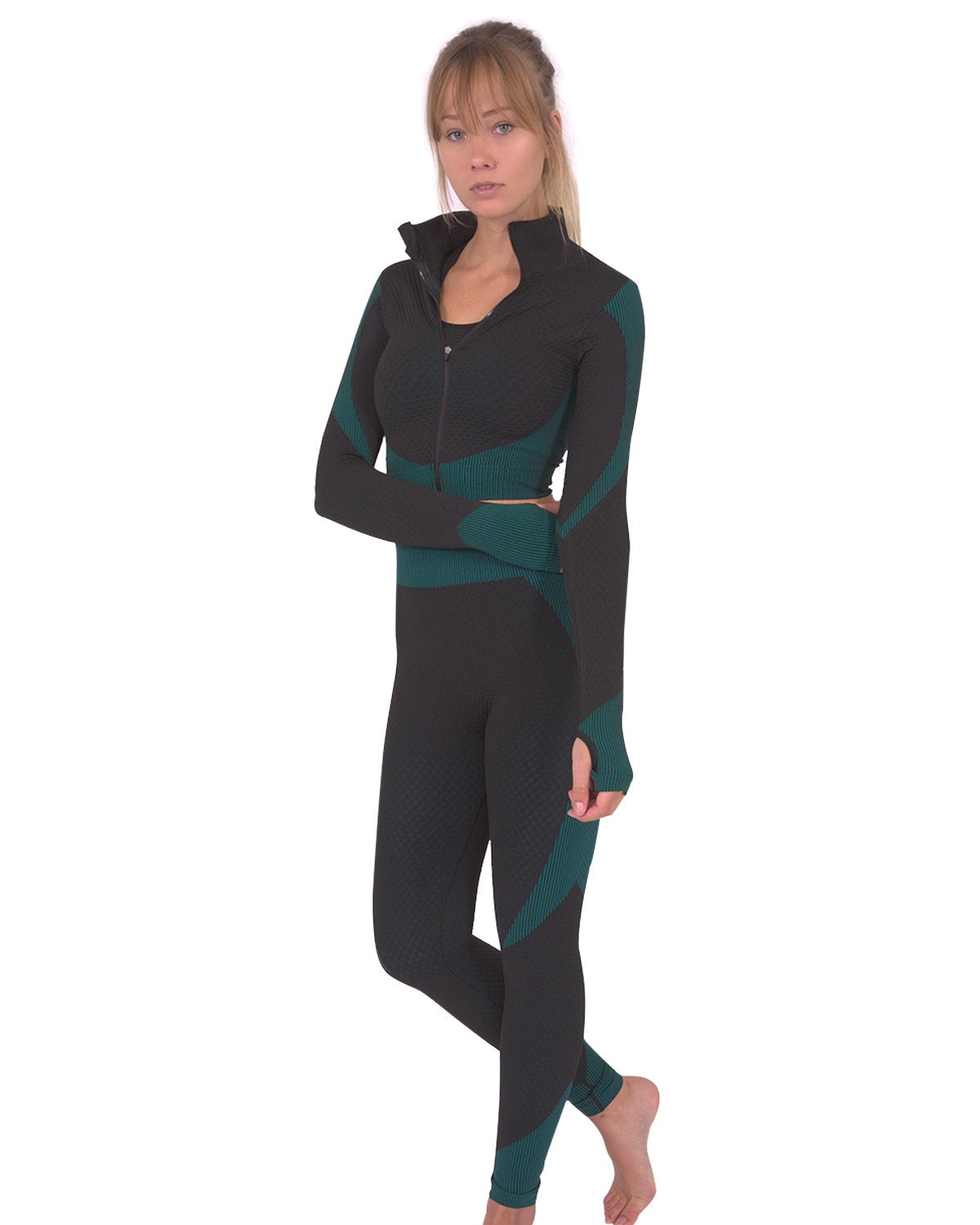 Trois Seamless Jacket, Leggings & Sports Top 3 Set - Black With Teal Blue