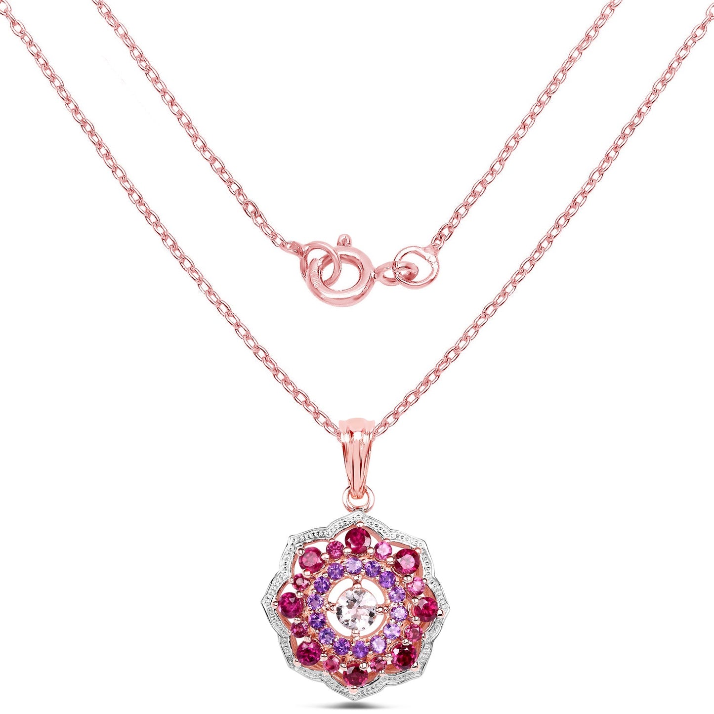 14K Rose Gold Plated 2.30 Carat Genuine Morganite, Rhodolite and Amethyst .925 Sterling Silver Pendant