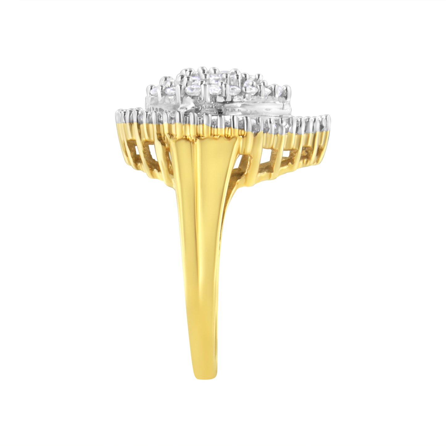 10K Yellow Gold 1.0 Cttw Round and Baguette Cut Diamond Oval Shaped Cluster Ring (I-J Color, I1-I2 Clarity) - Size 7