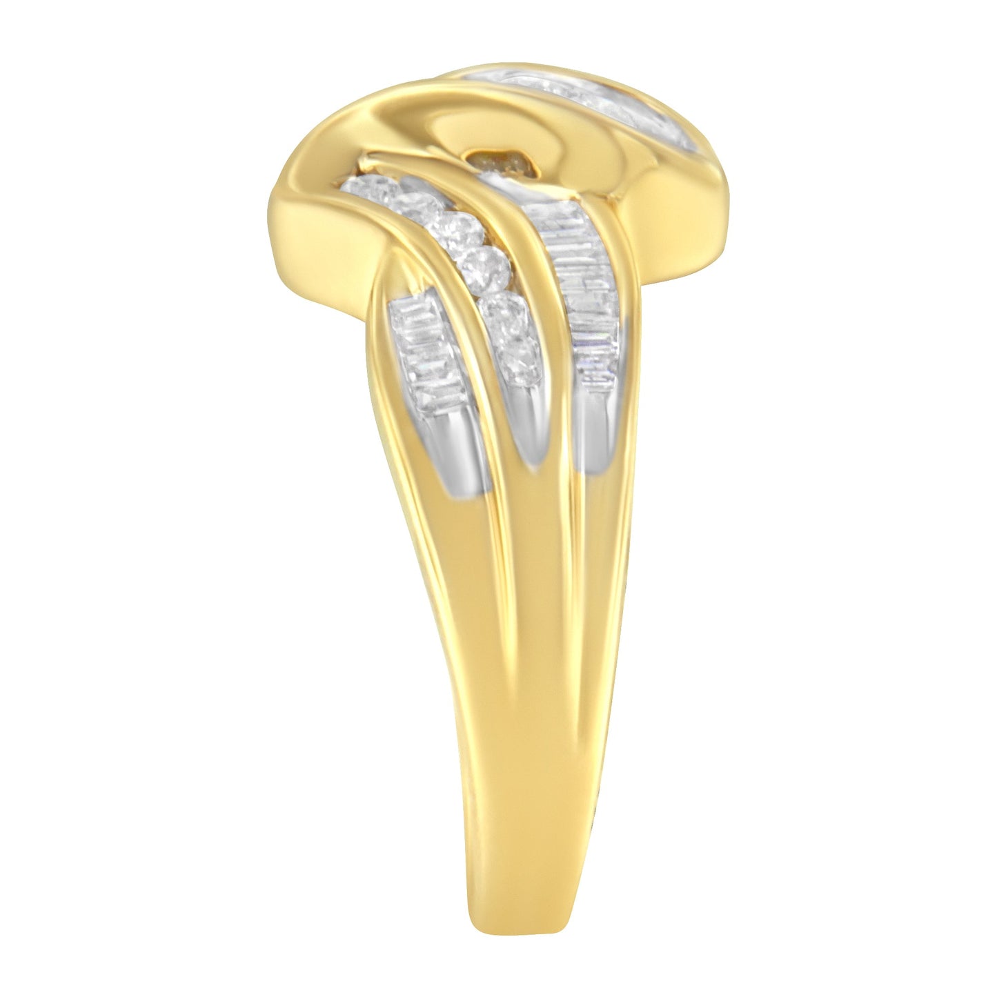 10K Yellow Gold 3/4 Cttw Channel Set Round and Baguette-cut Diamond Double Shank Bypass Ring (J-K Color, I1-I2 Clarity) - Size 6.75