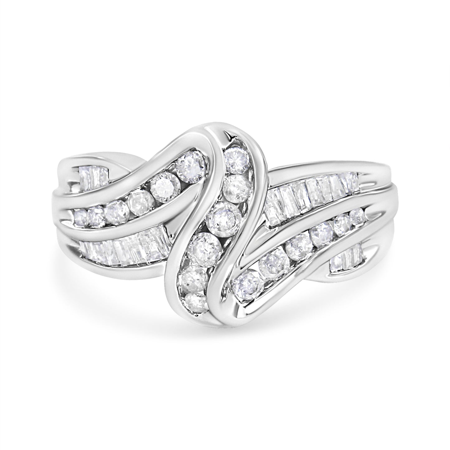10K White Gold Ring 3/4 Cttw Round and Baguette-Cut Diamond Bypass Ring (H-I Color, I2-I3 Clarity) - Size 6