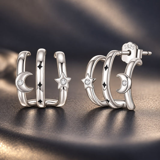 925 Sterling Silver Earrings with Pavé Setting CZ - Oxidized Silver, 1.1cm for Women