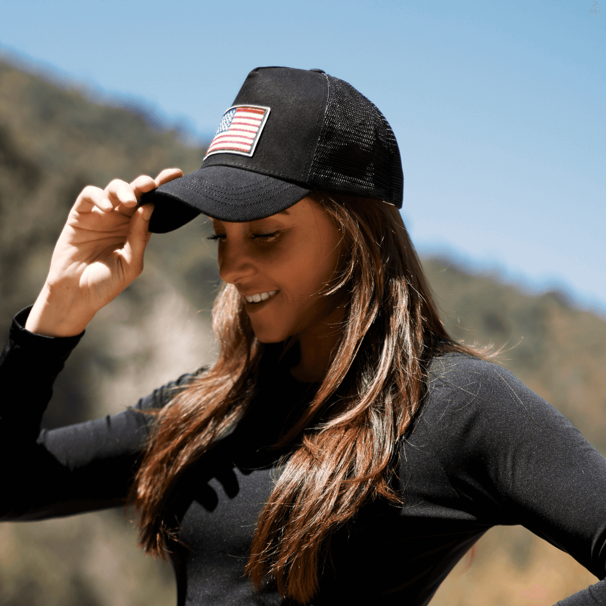 Gorra de camionero con bandera estadounidense y correa ajustable