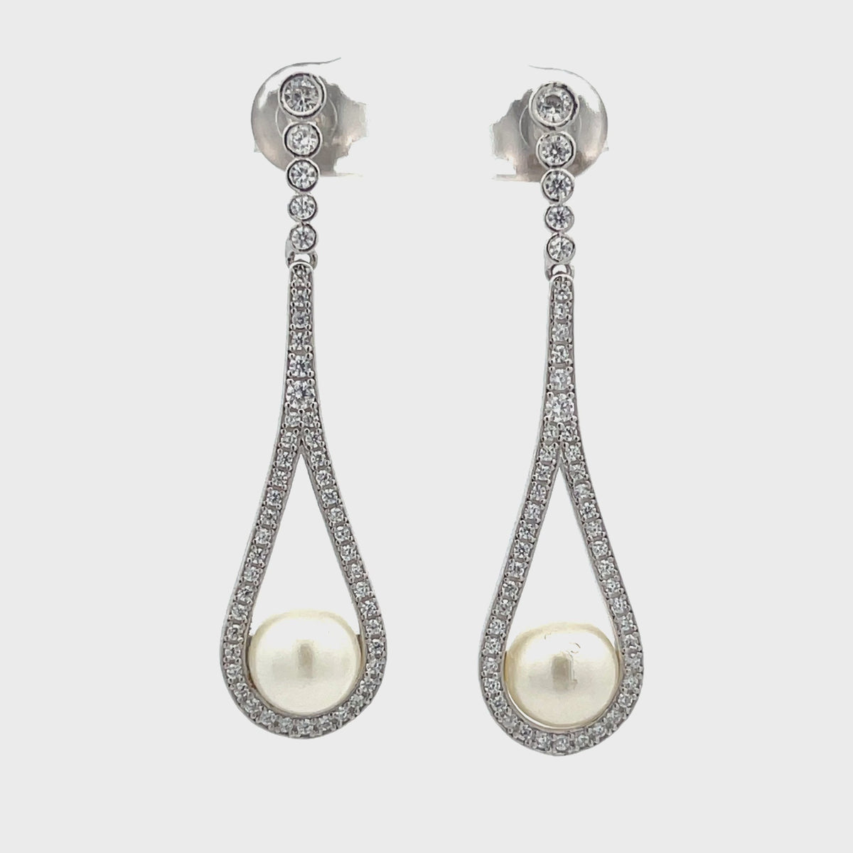 Cradled Pearl Drop Earrings Silver