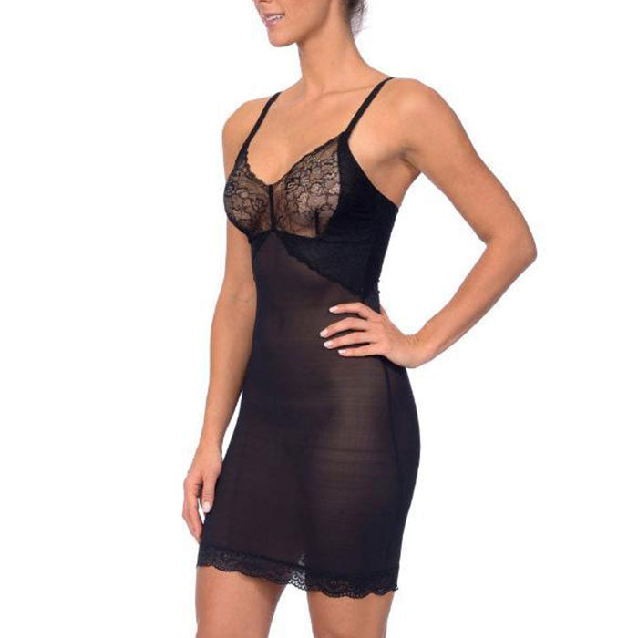 Hi Power Mesh Full Body Slip Shaper With Lace Detail at Bust Black