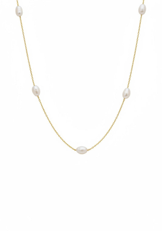Solid 14k Gold Natural Spaced Pearl Necklace