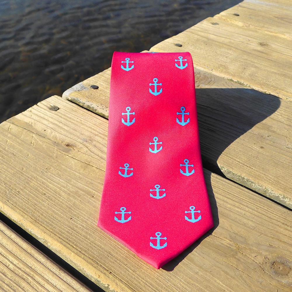 Anchor Necktie - Light Blue on Coral, Printed Silk