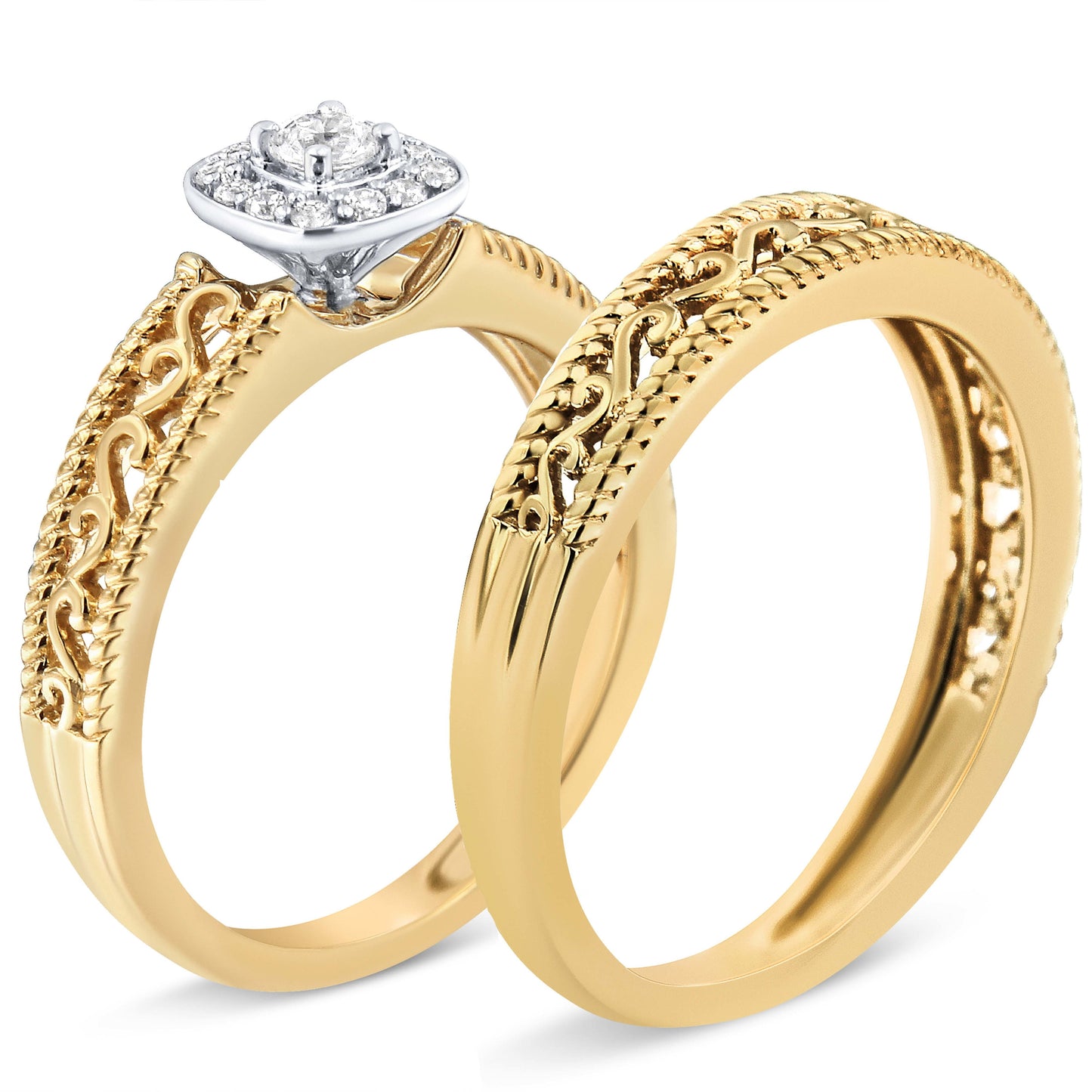 14K Yellow Gold Plated .925 Sterling Silver 1/5 Cttw Diamond Halo and Milgrain Finish Engagement Ring Bridal Set (I-J Color I3 Clarity) - Size 7