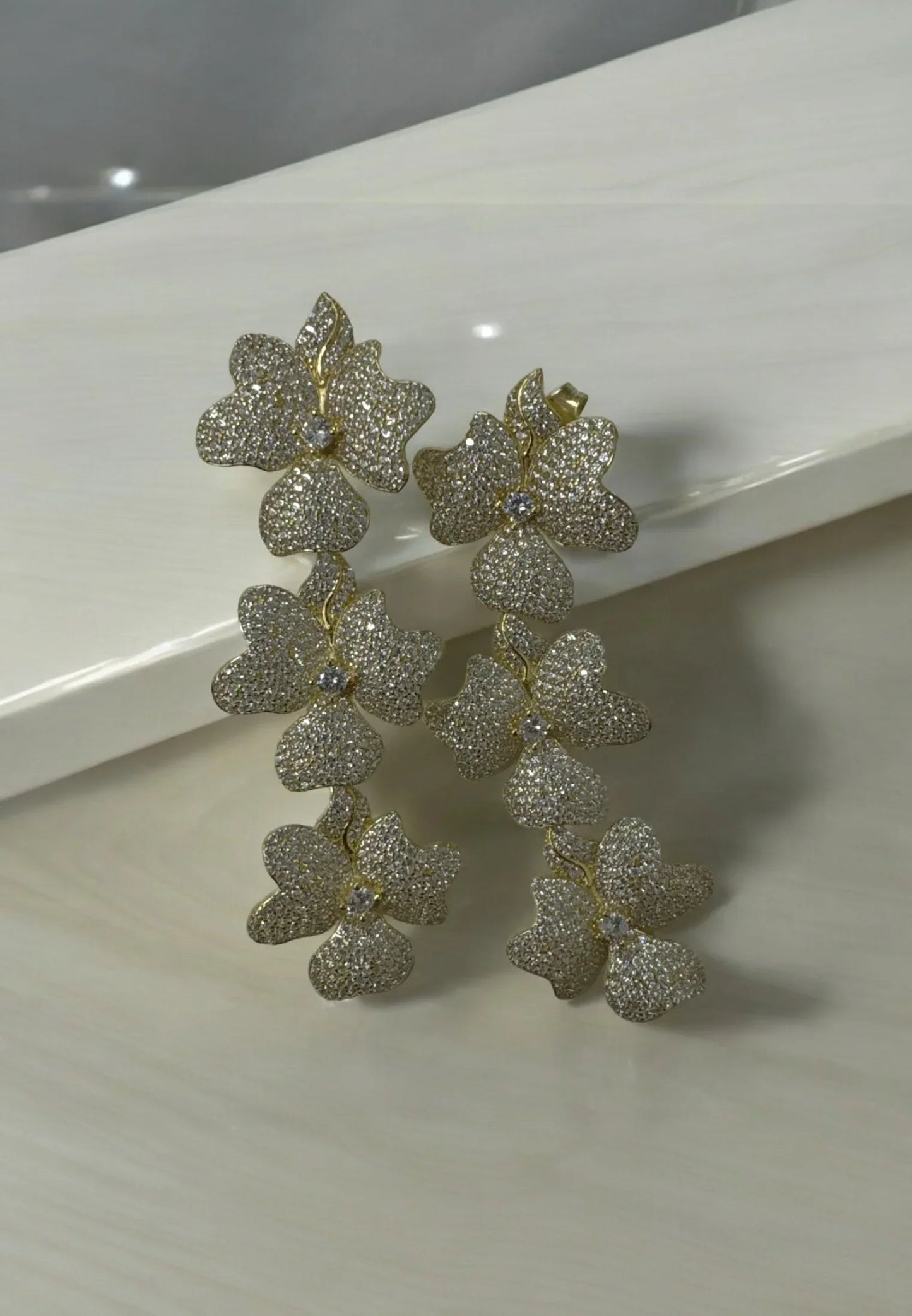 Jasmine Flower Triple Drop Earrings Gold