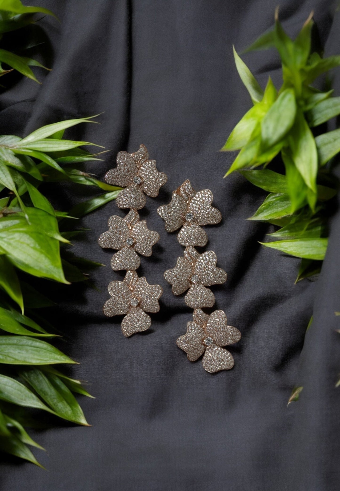 Jasmine Flower Triple Drop Earrings Rosegold