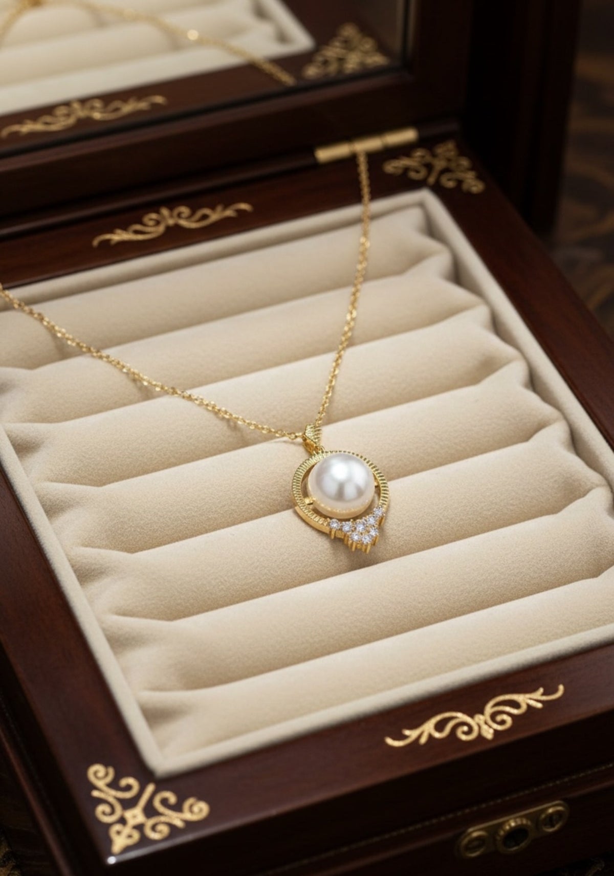 Solid 14k Gold Diamond and Pearl Empress Necklace