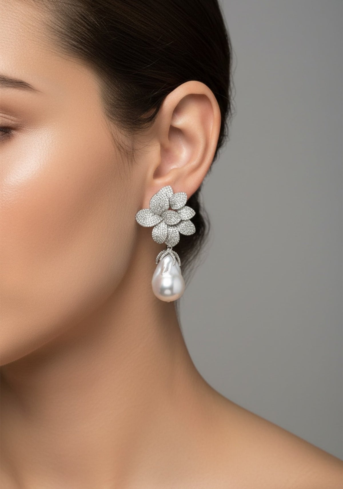 Amaryllis Flower Baroque Pearl Drop Earrings White Silver
