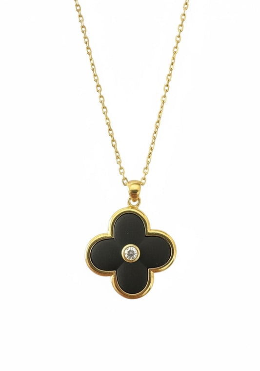 Clover Carved Gemstone Necklace Gold Black