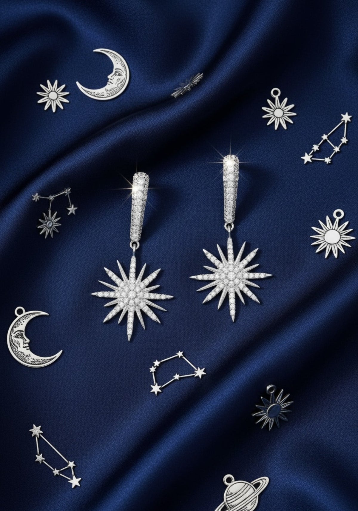 Star Burst Drop Earrings Silver