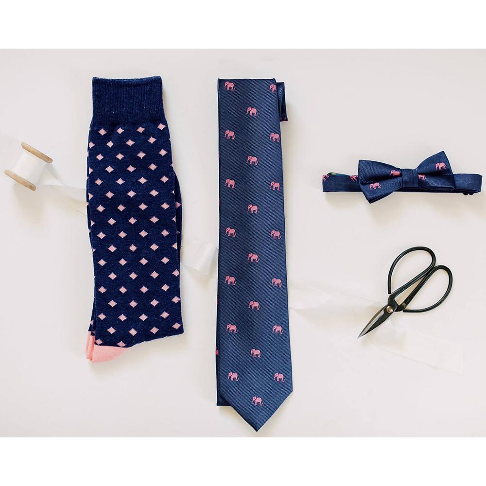Elephant Necktie - Pink on Navy, Woven Silk - Spread