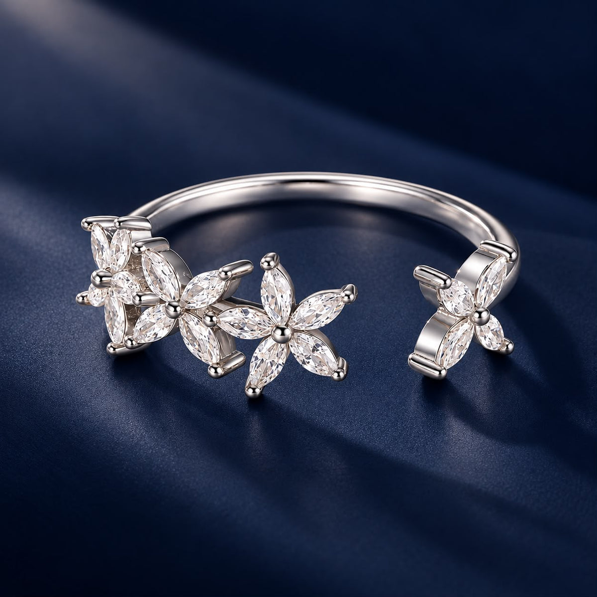 925 Sterling Silver White Gold Plated Pavé Setting CZ Flower Ring for Women