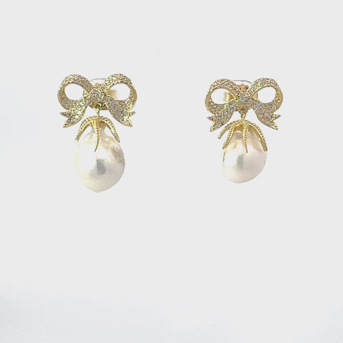 Baroque Pearl Ribbon and Bows Drop Earrings Gold