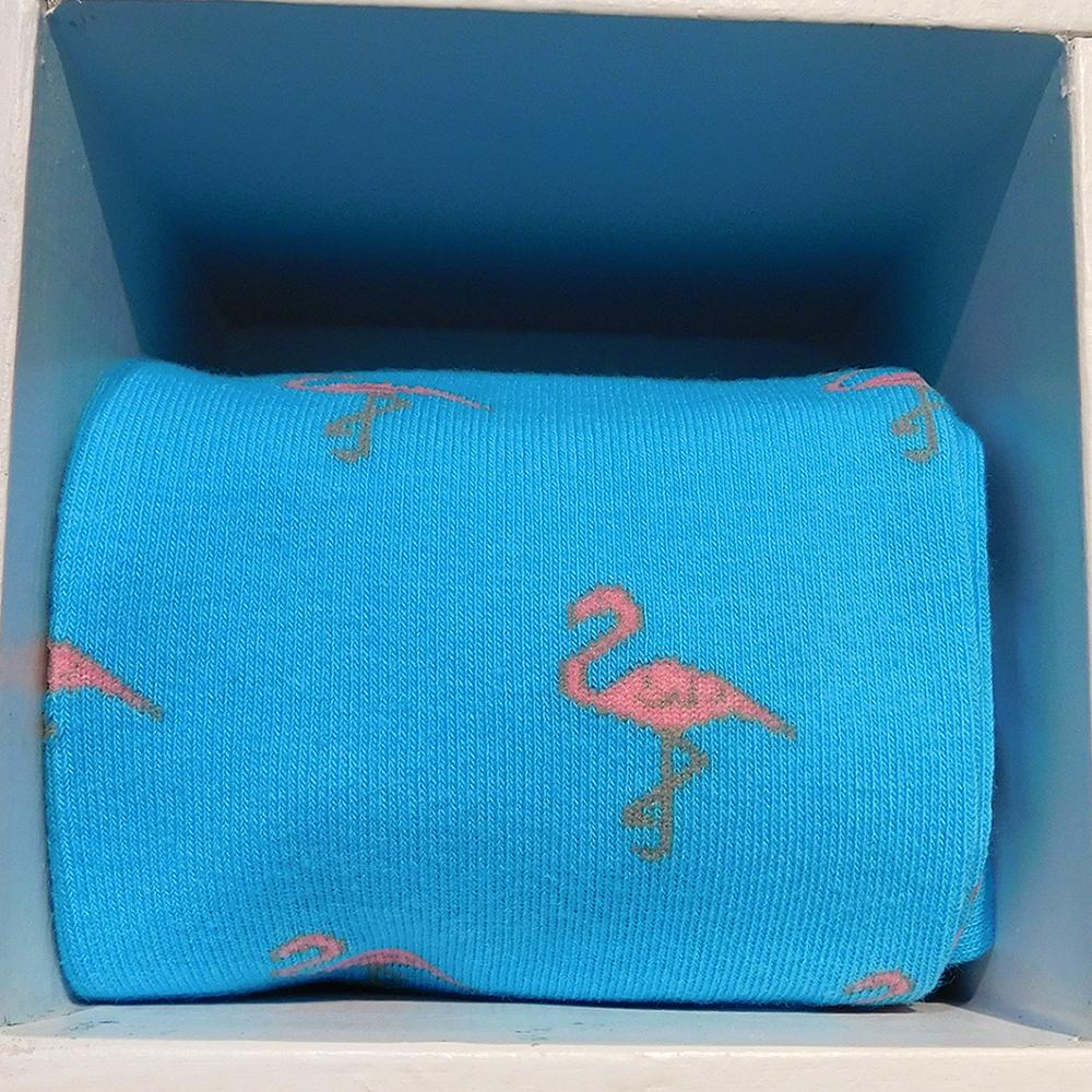 Flamingo Socks - Men's Mid Calf - Pink on Aqua Blue