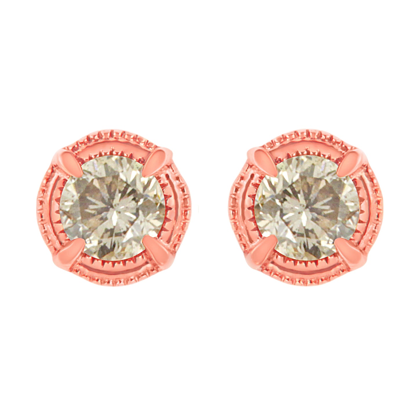 14K Yellow Gold Plated .925 Sterling Silver 1.0 Cttw Round Brilliant Cut Diamond Solitaire Milgrain Stud Earrings (K-L Color, I2-I3 Clarity)