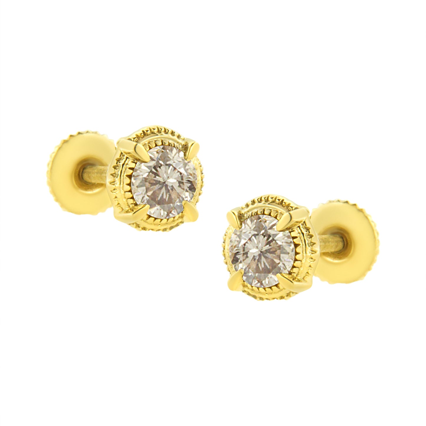 14K Yellow Gold Plated .925 Sterling Silver 1.0 Cttw Round Brilliant Cut Diamond Solitaire Milgrain Stud Earrings (K-L Color, I2-I3 Clarity)