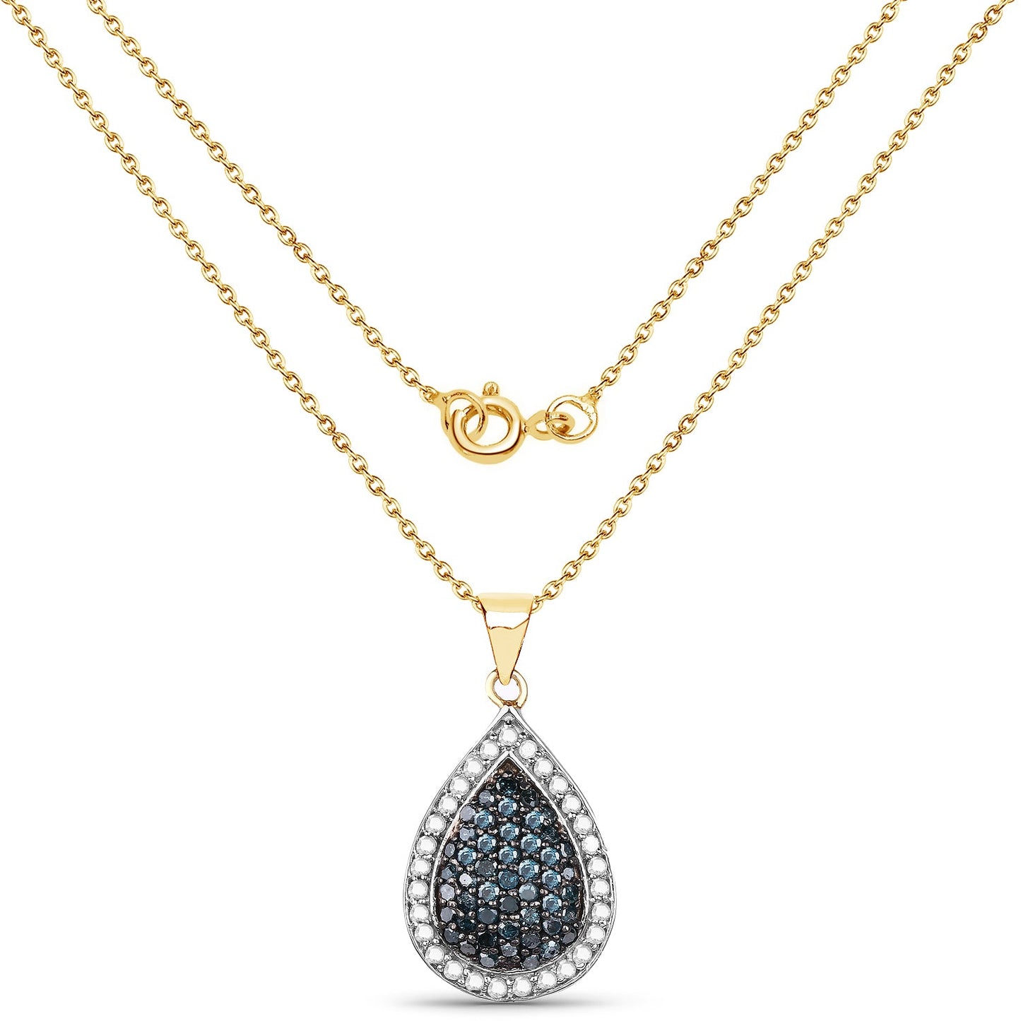 14K Yellow Gold Plated 0.81 Carat Genuine Blue Diamond and White Diamond .925 Sterling Silver Pendant