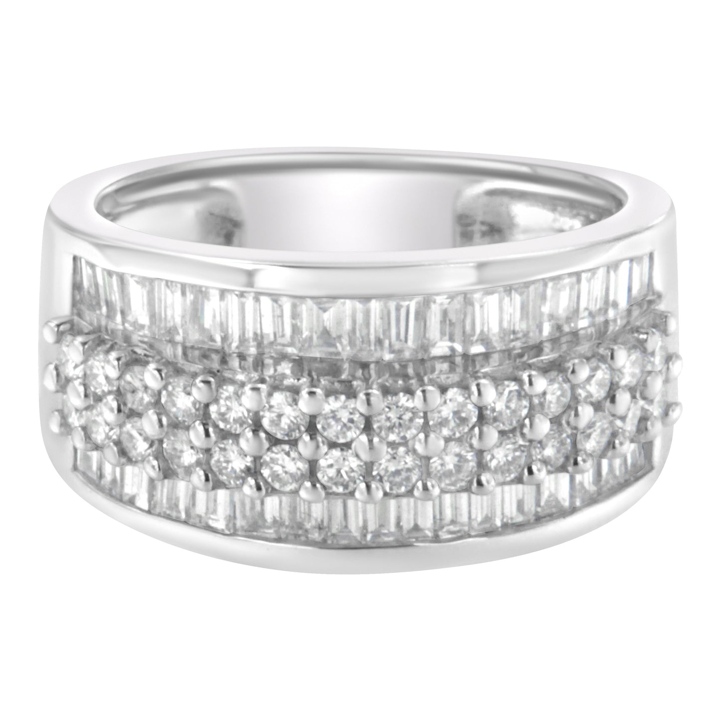 14K White Gold Round and Baguette Diamond Ring (1 1/2 Cttw, F-G Color, SI1-SI2 Clarity) - Size 6-3/4