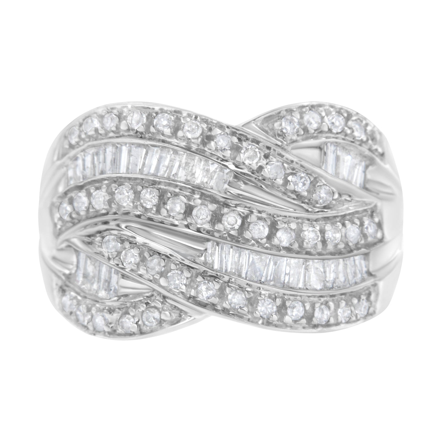 .925 Sterling Silver 1.0 Cttw Channel Set Alternating Round and Baguette Diamond Cross-over Bypass Ring Band (I-J Color, I2-I3 Clarity) - Size 7