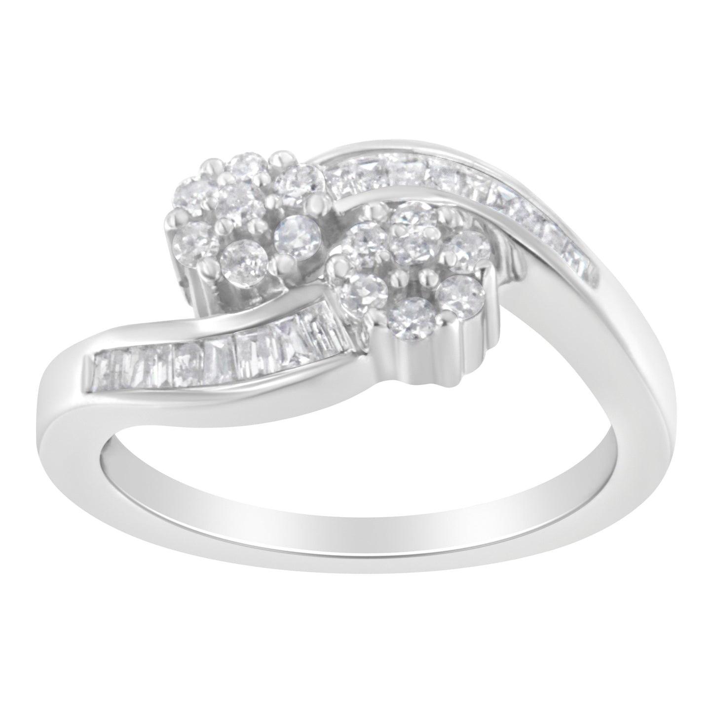 14K White Gold Round and Baguette Diamond Bypass Ring (1/2 cttw, H-I Color, I1-I2 Clarity) - Ring Size 6
