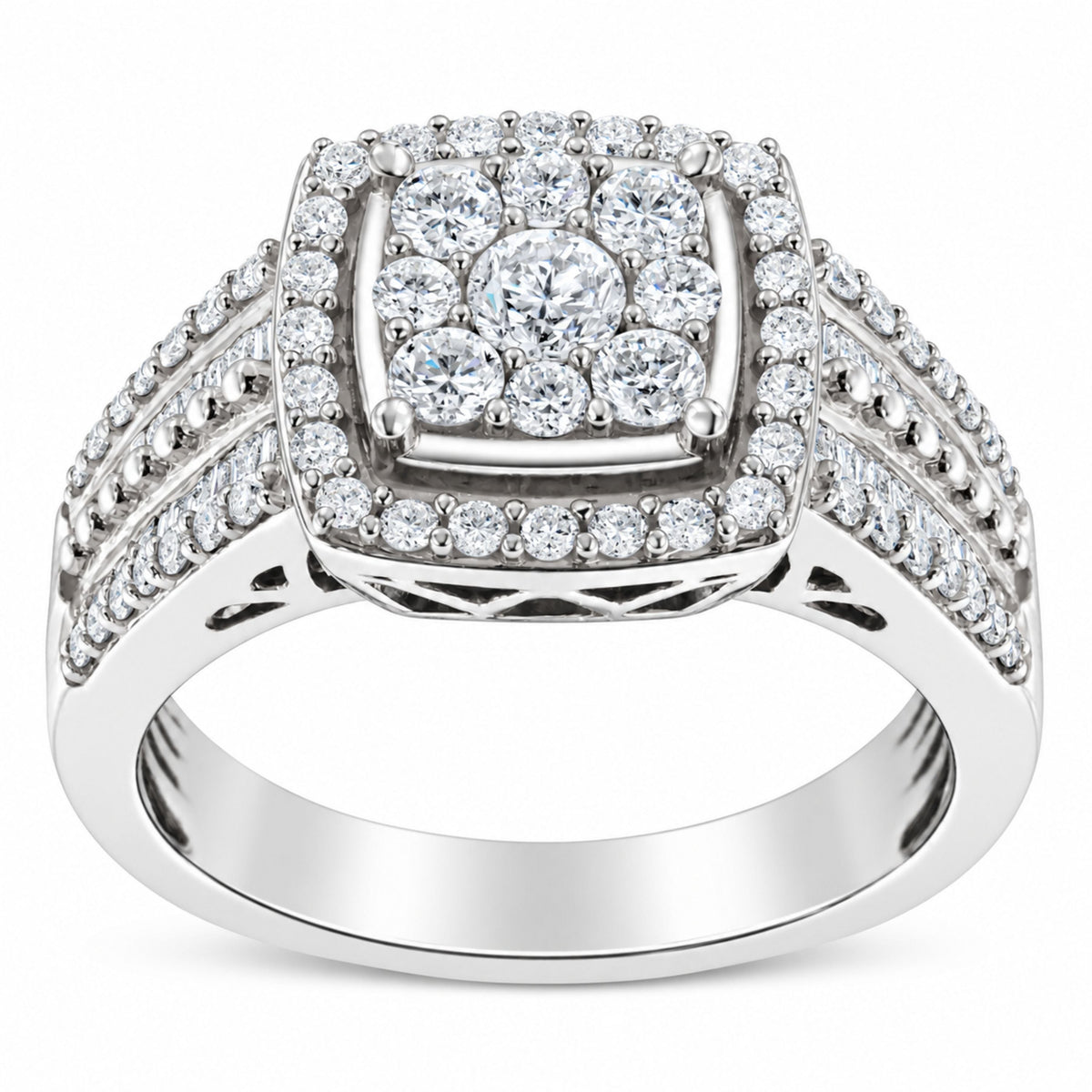 10K White Gold Diamond Cluster Ring (1 Cttw, H-I Color, I1-I2 Clarity) - Size 6-3/4