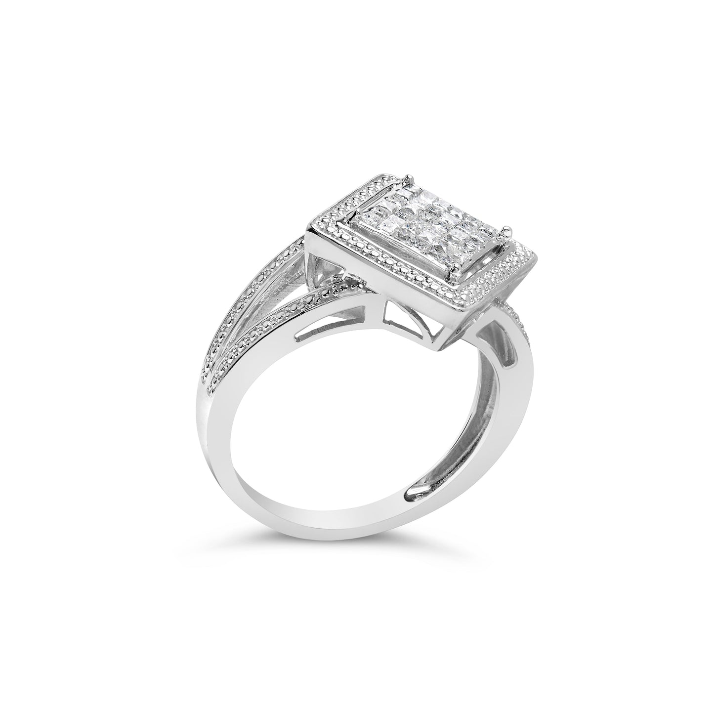 .925 Sterling Silver 1/3 Cttw Invisible Set Princess-Cut Diamond Rhombus and Beaded Halo Ring (H-I Color, SI1-SI2 Clarity) - Ring Size 7