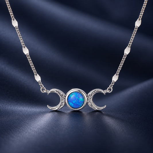 925 Sterling Silver White Gold Plated Synthetic Opal 40+5cm Pendant Necklace for Women