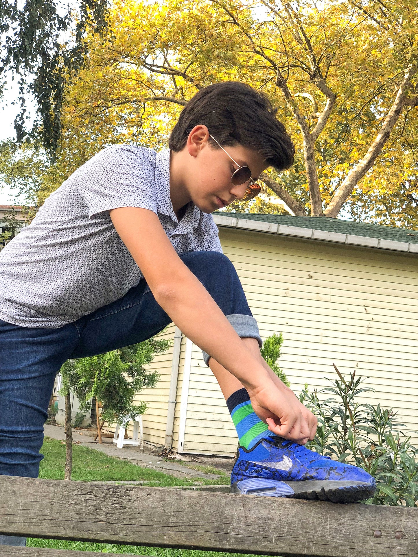 Calcetines infantiles con rayas de hierba azul