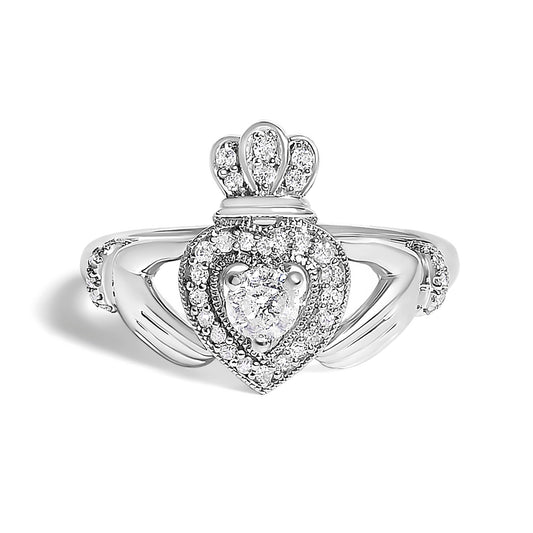 14K White Gold 3/8 Cttw Diamond Claddagh Heart Ring