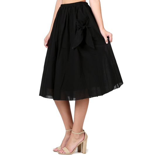 Evanese Women's Cotton Knee Length a Line Skirt With Front Pockets With Ribbon (v. Black)