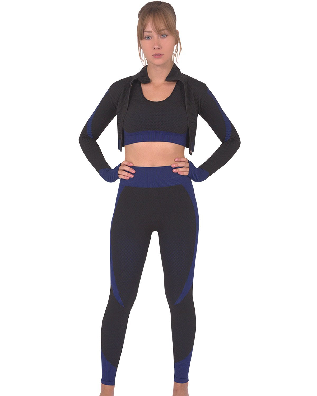 Conjunto de 2 leggings y top deportivo sin costuras Trois - Negro y azul marino