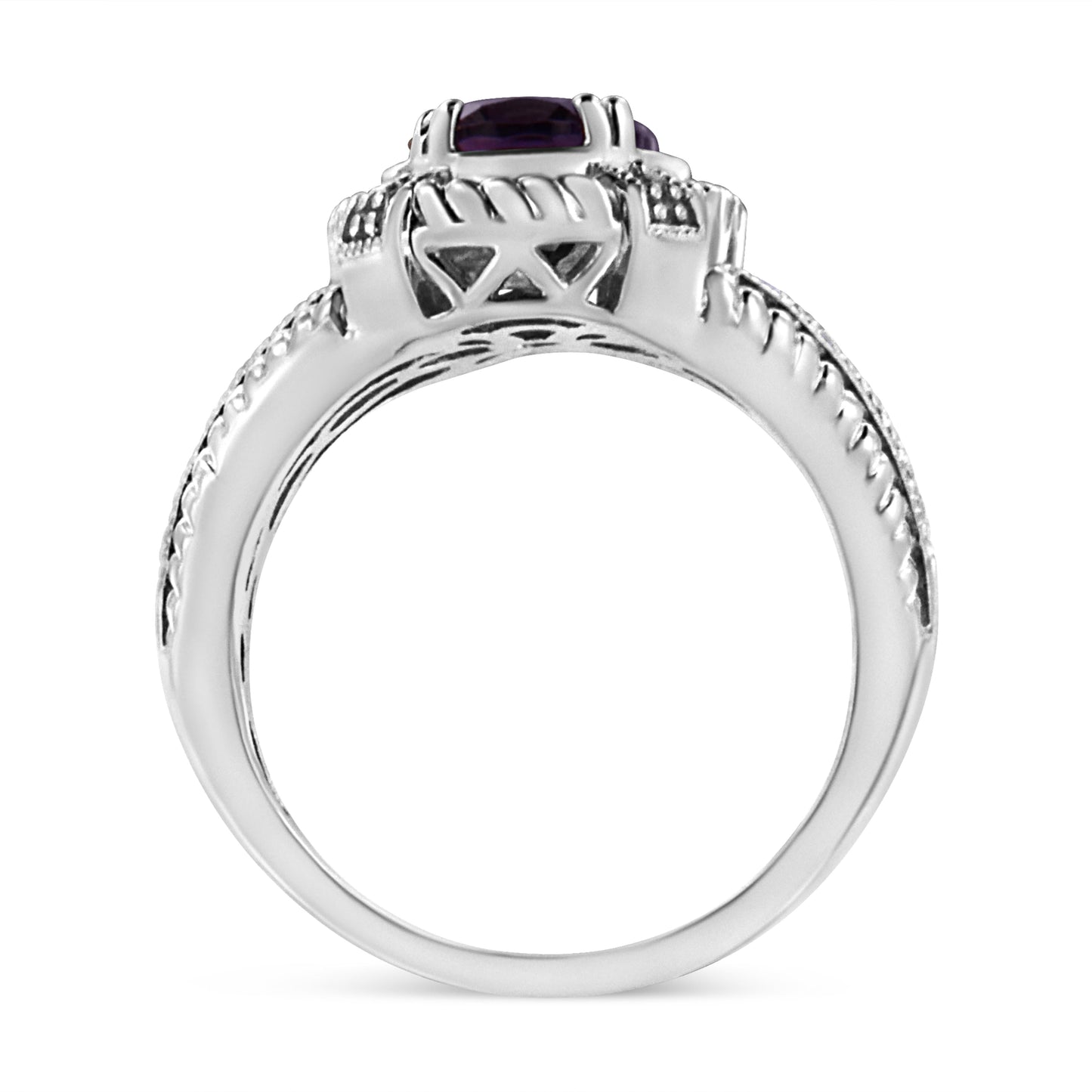 .925 Sterling Silver Prong Set Natural Oval Shape 9X7 MM Purple Amethyst Solitaire and Diamond Accent Ring (I-J Color, I1-I2 Clarity) - Ring Size 7