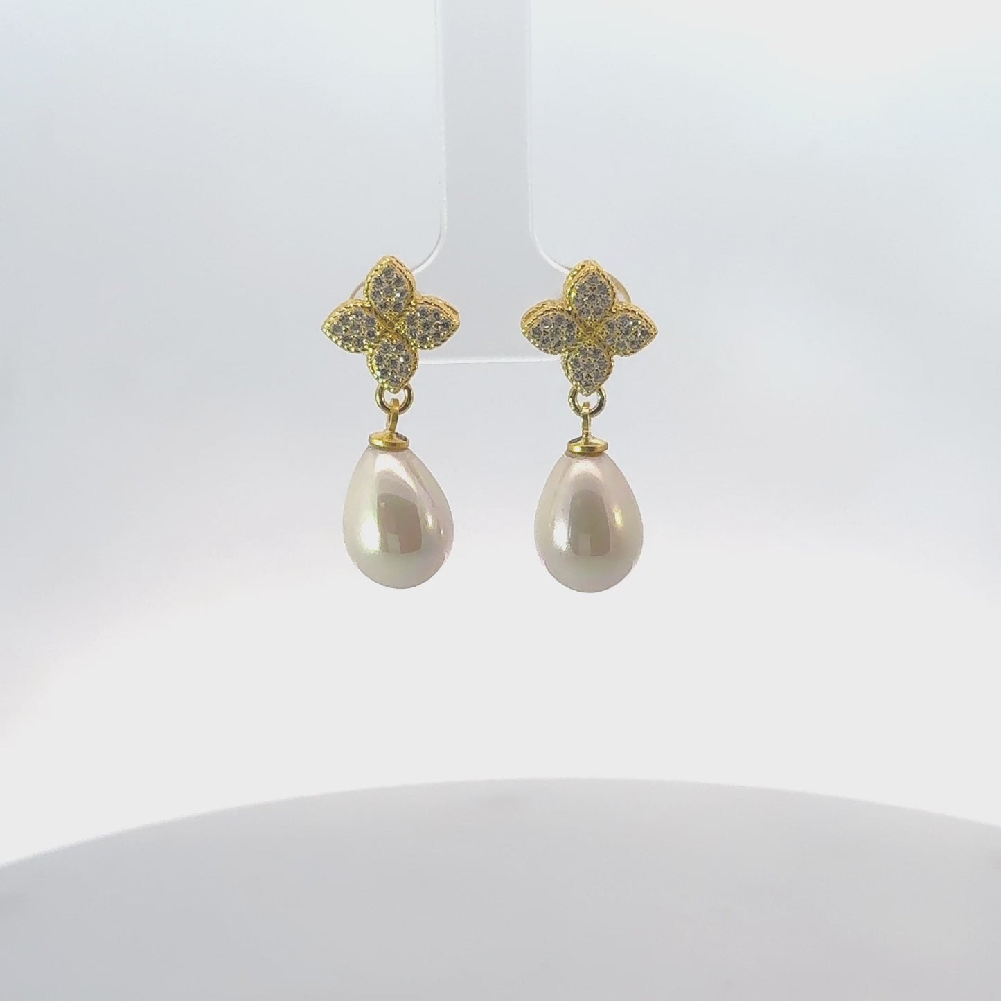 Clover Flower Pearl Drop Cz Earrings Gold